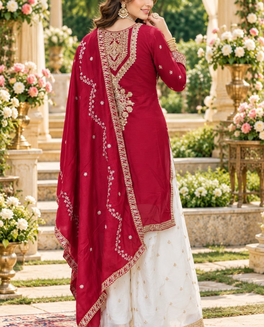 2206 - Maroon Chinon Embroidered Work Ceremonial Palazzo Salwar Suit